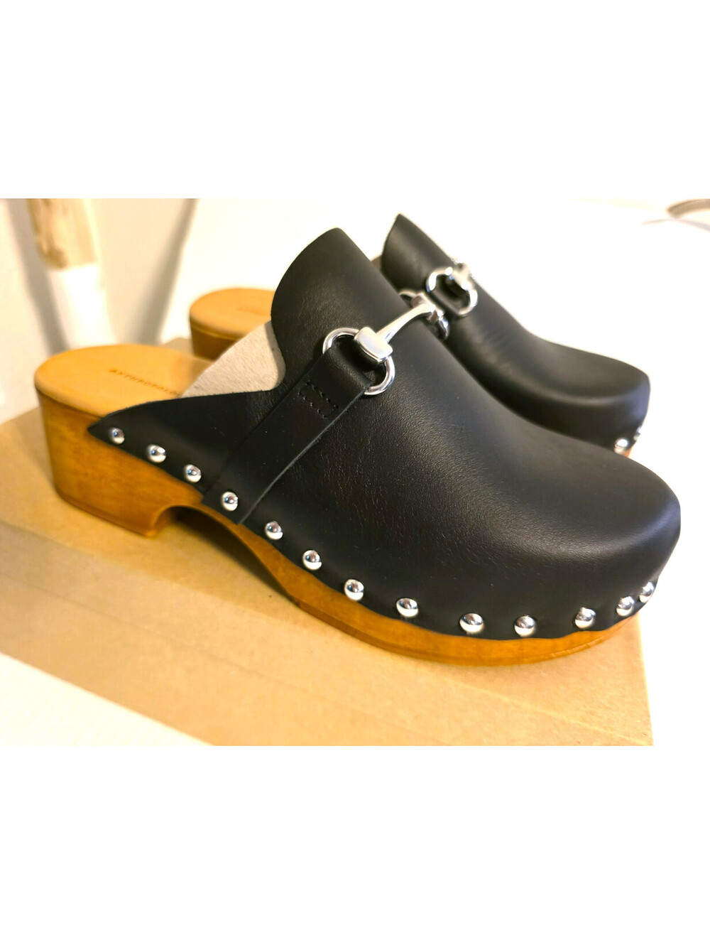 By Anthropologie Studded Horse-Bit Clogs Black Leather Wood Mules NIB Sz 37/6.5